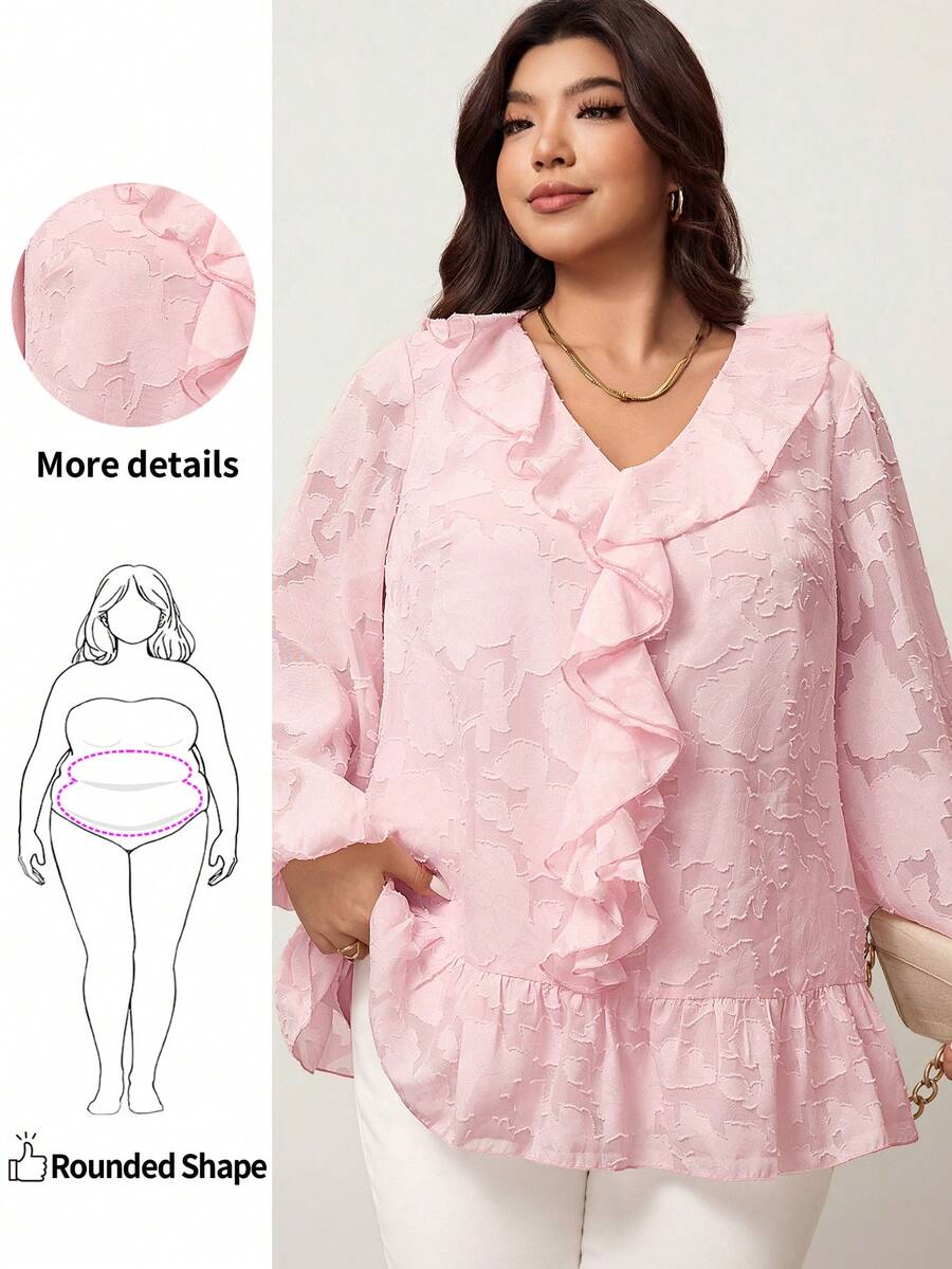 Enliva Áo sơ mi dài tay dáng chữ A, tay phồng, chất liệu jacquard, màu hồng lãng mạn dành cho nữ, cỡ lớn. - Hồng - Xem 1