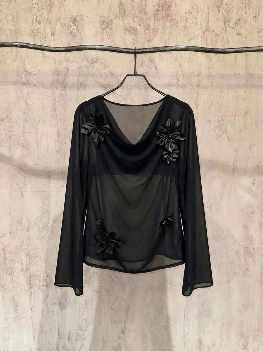 Arave Sexy Black 3D Floral Square Neck Sheer Blouse For Women New Year - Black - View 1