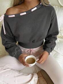 CovetEZ Women's Grey Casual Tie Shoulder Cropped Loose Sweatshirt - Dark Grey - View 3