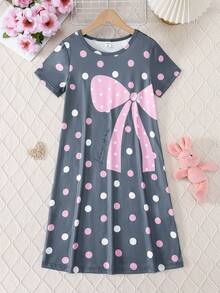 Girls' Minimalist Watermelon Pink All-Over Print Bow & Polka Dot & Letter Graphic Round Neck Short Sleeve Nightgown Loungewear - Grey - View 1