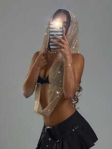 EgrlEra Women's Rhinestone Mesh Crop Top, Sexy And Sheer, Suitable For Music Festival And Party Wear - Champagne - View 5