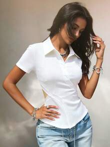 INAWLY Solva Áo nữ thời trang tay ngắn, eo khoét lệch. - trắng - Xem 5
