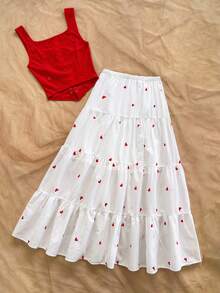Soleia Women's Square Neck Tie-Up Camisole And Heart Print Layered Ruffle Hem Mini Skirt Casual Vacation 2-Piece Set Red Top White Skirt  Casual Vacation Outfits Women Beach Summer Outfits Valentine's Day