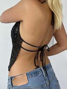 EMERY ROSE 新款性感露背细肩带亮片装饰修身吊带背心，女士款 - 黑色 - 查看 2