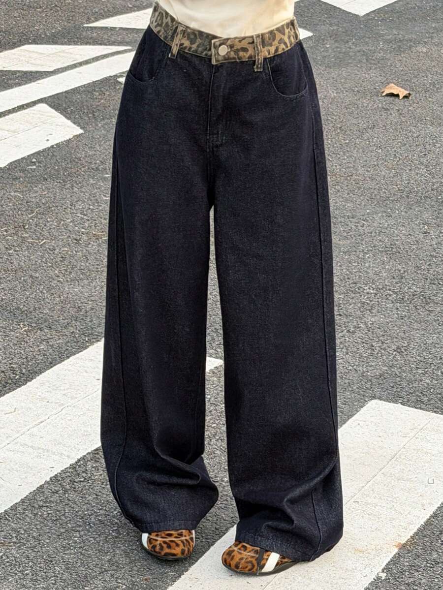 DAZY Teen Girl Leopard Print Slant Pocket Casual Jeans - Dark Wash - View 1