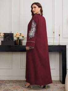 Al Najma 休闲宽松V领串珠装饰长袖连衣裙，适合大码女性，春秋季 - 紅色 - 查看 2