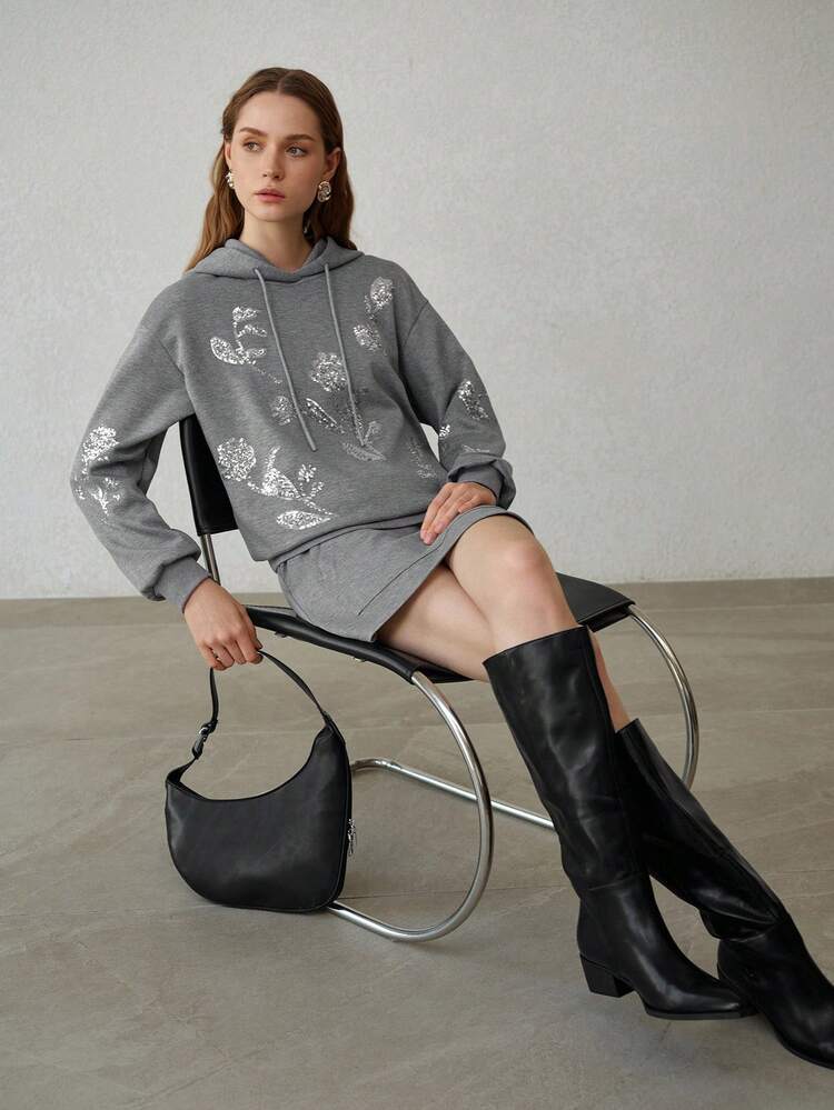 WOMEN'S SEQUINS FLORAL PATTERN DRAWSTRING HOODIE AND SKIRT SET