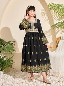Tween Girl Floral Print Elegant Long Sleeve Dress With Square Neckline, Abaya Dress For Tween Girl, Modest Black And Gold Autumn Evening Party Islamic Gown - Black and Gold - View 4