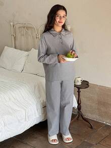 DAZY Tween Girls Casual Striped Half-Zip Ruffle Trim Loungewear Set, Fall - Grey - View 3