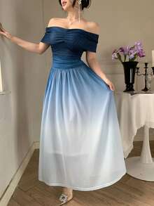 DAZY Women's Elegant Ombre Off-Shoulder Midi Dress, Summer Wedding Guest Dress Sundress - Blue - View 3