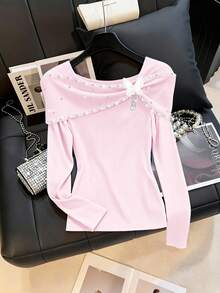 GlowEve CURVE 大码串珠水钻装饰露肩长袖T恤 - 粉色 - 查看 1