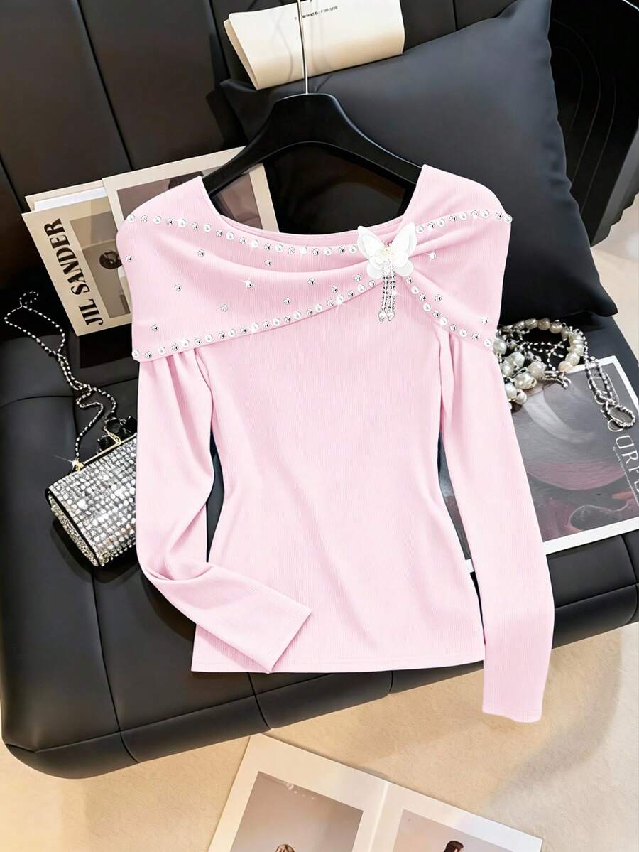 GlowEve CURVE 大码串珠水钻装饰露肩长袖T恤 - 粉色 - 查看 1