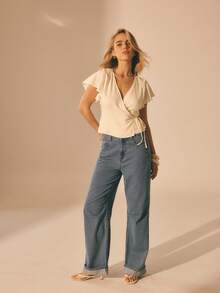 Aralina 女士V领裹身式短袖优雅荷叶边上衣飘逸上衣派对上衣白色上衣沙滩上衣夏季亚麻上衣复古风格上衣 - 米色 - 查看 10