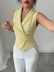 Elenzga 无袖V领系腰蝴蝶结优雅迷人女士衬衫，雪纺面料 - 淡黃色 - 查看 5