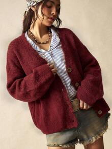 Bohemela Vintage Loose Solid Color Front Button Casual Long Sleeve Knit Cardigan - Burgundy - View 8