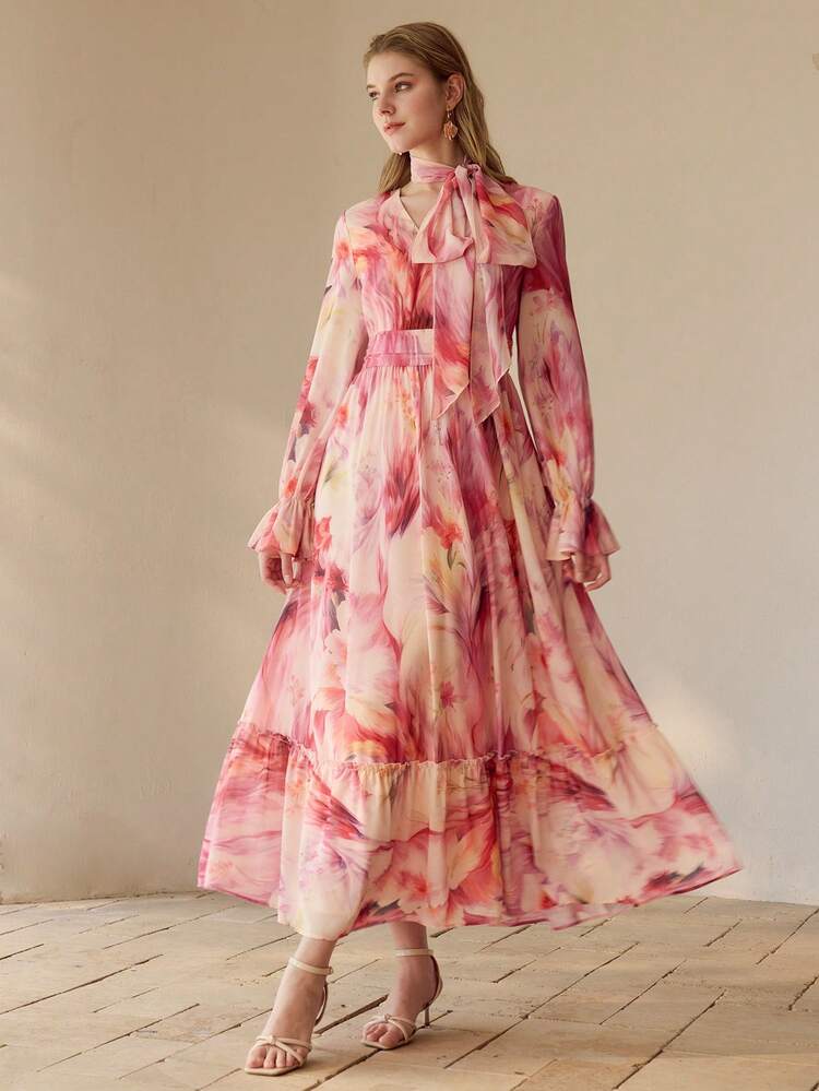 VESTIDO FEMININO DE MANGA FLARE COM ESTAMPA FLORAL DE OUTONO