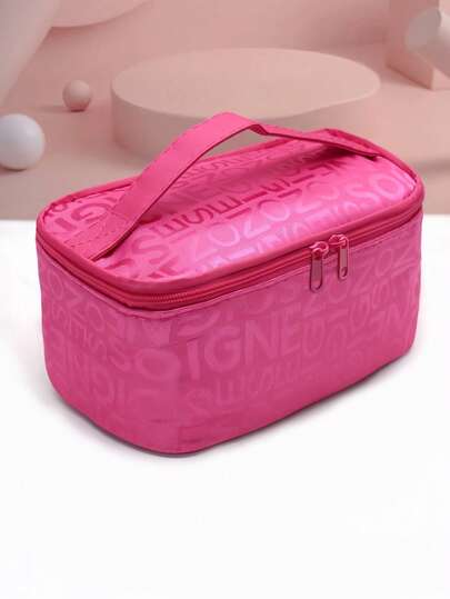 Bolsa de maquillaje para mujer de gran capacidad, organizador de cosméticos de viaje, estuche con cremallera portátil para almacenamiento de artículos de tocador | Diseño de letra simple, organizador de maquillaje cuadrado con soporte para brochas | Regalo para mujer, esencial de viaje, bolso de mano