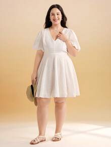 Momelise Đầm hè cỡ lớn, màu trơn, dáng chữ A, thêu jacquard, thắt eo. - trắng - Xem 4