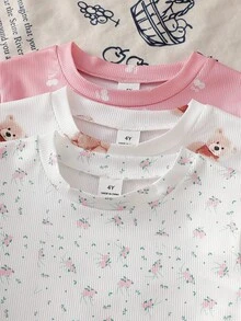 Vintaside Kids Conjunto de 3 piezas de camiseta de manga corta y pantalones cortos estampados con cerezas, de estilo casual y holgado, adecuado para el verano, para niñas - Multicolor - Ver 4