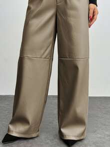 EURMUSE Solid Color, Pu Leather, Elastic Waist, Drawstring, Straight Fit Pants - Mocha Brown - View 6