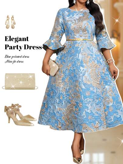 Fleurora Spring And Summer Elegant Wedding Round Neck A Line Dress Plus Size Women Elegant Party Banquet Jacquard Ruffle Sleeve Cinched Waist Flared Hem Dress, Without Belt Floral Dress Blue Dress Elegant Dresses For Women Valentine Outfits For Women Beach Dress Wedding Guest Dress For Women Birthday Dress Summer Dress Elegant Dress For Women Birthday Dress Wedding Guest Dress For Women Beach Dress Summer Dress Valentine's Day Carnival Costume Party Elegant Dresses Elegant Woman Clothing Elegant Party Dress Blue Printed Dress Dress For A Wedding Guest Derby Dresses For Women Summer Dress Wedding Party Dress Floral Dress