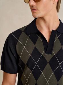 Manfinity CityGents Men's Classic Knit Short Sleeve Polo Top With Plaid Pattern Button Front Design - Royal Blue - View 2