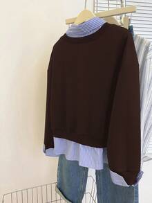 INAWLY Women's Casual Striped Shirt Collar Slogan Print Drop Shoulder Long Sleeve Sweatshirt, Autumn Primavera A Estate Brown - Coffee Brown - View 2