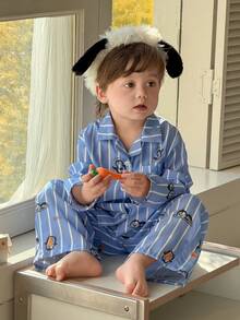 DAZY 2件套幼儿男童卡通条纹印花翻领长袖衬衫和裤子睡衣套装 - 藍色 - 查看 11