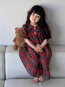 DAZY 女嬰韓式格紋長袖荷葉領舒適居家服幼兒 - 紅色 - 查看 7
