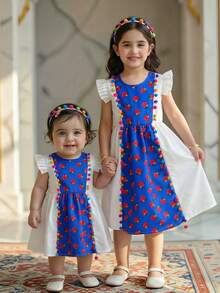 Girls,Young Girl Blue Background Red Flower Contrast Color Dress,White,Summer,Fairy,Family Matching Colorful Pom Pom Decor,Cap Sleeve Design,Party - Multicolor - View 1