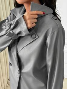 SHEIN Women Solid Color Button Detailed Trench Coats - Light Grey - View 5
