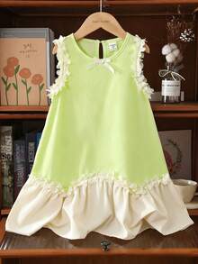 Young Girl Fresh Light Green Bow Ruffle Hem Cute Casual Dress, Suitable For Daily, Commute, Vacation, Outfit - Multicolor - View 3