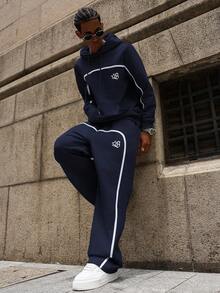 PAVTROS Young Street Style Gothic Letter Print Drawstring Hoodie Set For Men - Navy Blue - View 3