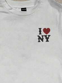 Attitoon Casual Minimalist Faux Rhinestone "I LOVE NY" Letter Graphic Fitted Women's Short Sleeve T-Shirt, Suitable For Summer, Vintage Retro Style, Casual Vacation Style, Sexy Style, Cute, Y2K Coconut Girl, Boho, Spring Break, Brunch-Ready, Baby Blue, Girls Trip, Neon Beach Vibes, Bohemian, Hippie Style, Music Festival, Suitable For Summer Carnival - White - View 4