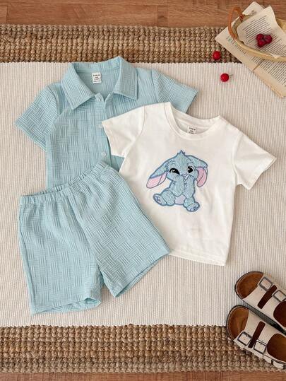SHEIN Set de 3 piezas Unisex para bebé niño/niña: Camiseta de manga corta con bordado de conejo, top de punto y camisa azul con pantalones cortos, ropa de primavera/verano para bebé, Pascua