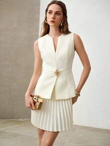 MOTF PREMIUM VESTIDO DE VIAJE CON CUELLO EN PICO SIN MANGAS, BAJO PLISADO Y DECORACIÓN DE BOTONES PARA MUJERES, DE ALTA CALIDAD, ELEGANTE Y A LA MODA, PARA PRIMAVERA/VERANO - Albaricoque - Ver 4
