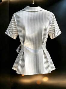 SHEIN Franclia Women's Collared Short Sleeve Ribbon Bow Blouse - Black and White - View 2