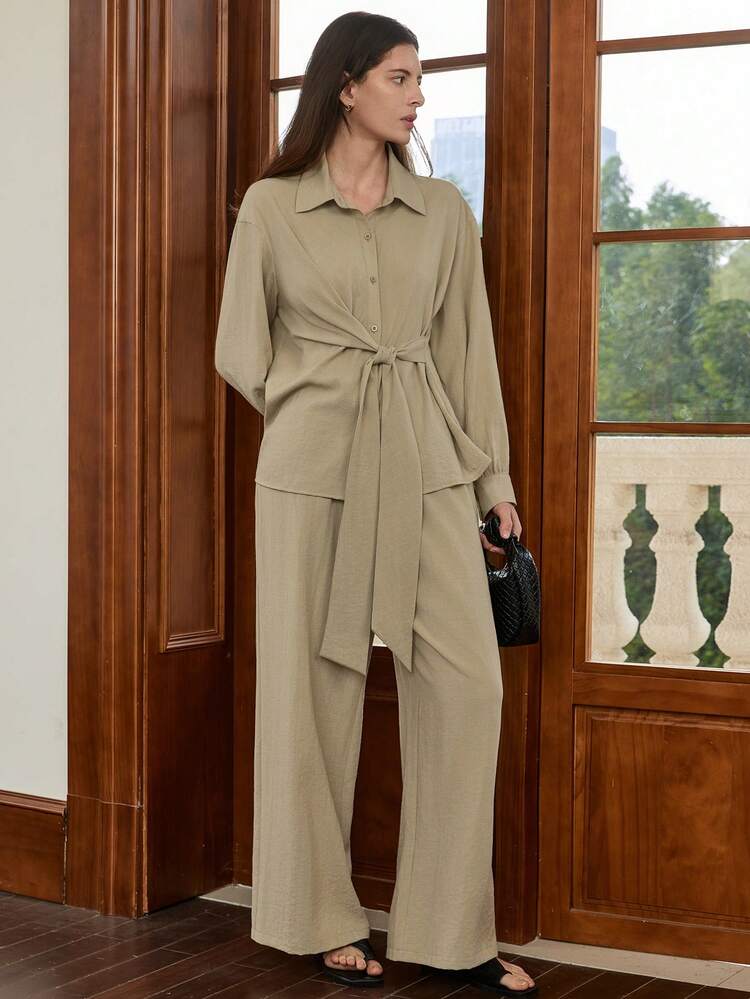 Women's Casual, Office, Commuting Simple Solid Color Long Sleeve Front Tie Shirt And Wide Leg Pants Set, Spring/Autumn Business Casual Woman