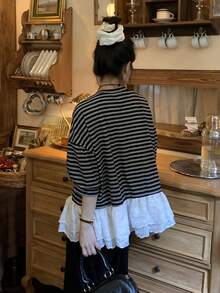 DAZY Women's Round Neck Striped Casual Summer Korean Style Contrast Color Ruffle Trim T-Shirt - Black - View 2