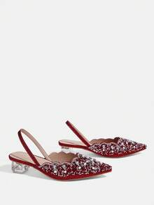 CUCCOO TILAWA Zapatos de mujer elegantes y de moda con tacones de cristal, zapatos de tacón alto de mujer con punta de láser de rhinestone rojo, adecuados para banquetes, fiestas y otras ocasiones - Rojo - Ver 4