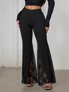 SHEIN PETITE 女士纯色弹力腰带蕾丝喇叭裤，喇叭裤，性感黑色女式裤装 - 黑色 - 查看 3