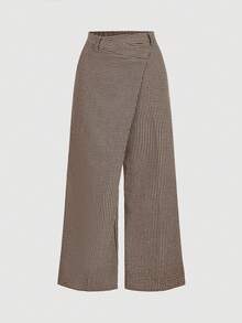 SHEIN MOD 大码复古千鸟格不对称翻领西装裤，时尚设计，优雅的办公室着装，老钱风格 - 彩色 - 查看 5