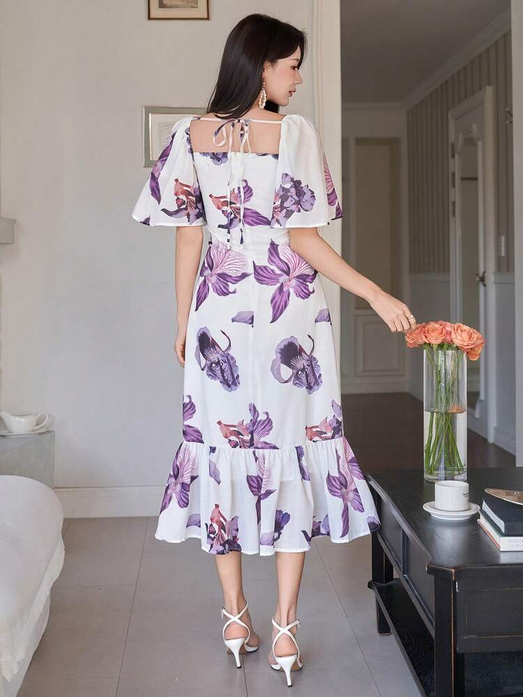 Women's Elegant Floral Print Square Neck Ruffle Sleeve Maxi Dress, Summer Wedding Guest Dress Sundress