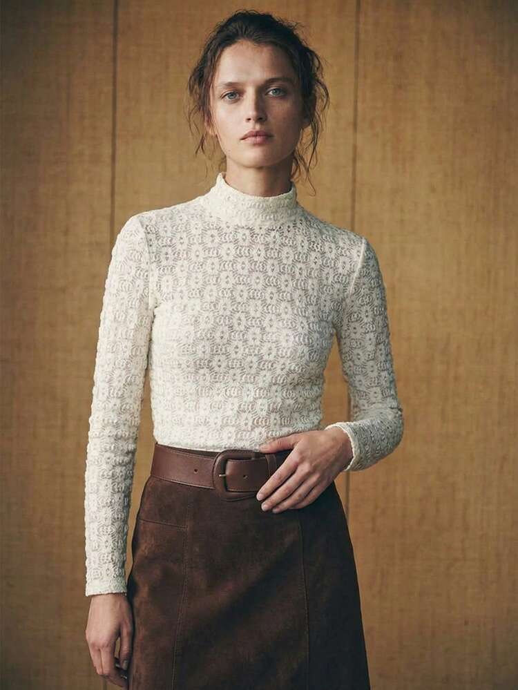 SHEIN Maija Women's Apricot High Neck Fitted Lace Floral Textured All-Match Versatile Modern Top Eyelet Top Lace Top Brown Leather Skirt White Eyelet Blouse Saudi National Day White Top  White Corset Top Weddings & Events