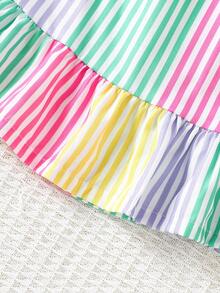 SHEIN Genkimix Kids 女童梭织面料彩色条纹数码印花荷叶边吊带连衣裙，适合夏季日常穿着、外出、旅行、度假、派对等场合，少女沙滩裙，女童粉彩夏季连衣裙，多色连衣裙 - 彩色 - 查看 3