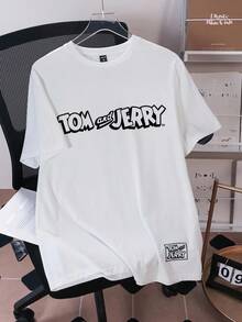 TOM & JERRY X SHEIN Men's Casual Everyday Commute Funny Cartoon Letter Graphic Short Sleeve White T-Shirt, Summer - White - View 2