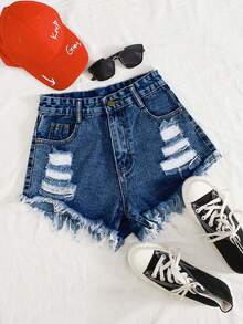 SHEIN PETITE Women's Summer Fashionable Casual Slant Pocket Distressed Denim Shorts - Dark Wash - View 1