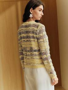 Anewsta 女士镂空设计单排扣长袖休闲针织开衫 - 黃色 - 查看 2