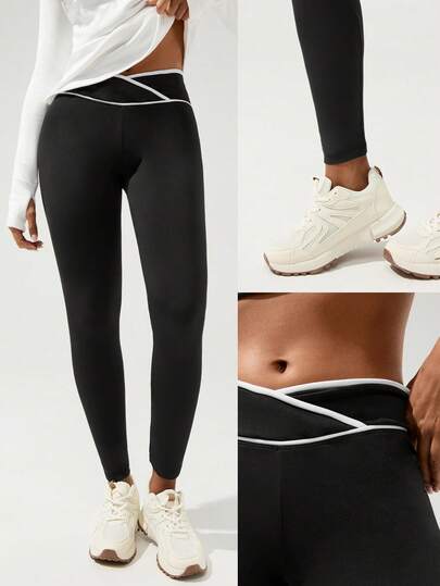 Fluxe Women's High-Waisted Leggings – Soft Four-Way Stretch Fabric, Unique Crossover Waistband For Tummy Control And Modern Style, Slimming Fit, Contrast Edge Detail, Breathable And Moisture-Wicking, Non-See-Through, Perfect For Yoga, Gym, Running, And Everyday Active Wear