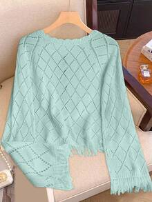 Franclia Suéter estilo blogger con bloqueo de color, cordones, calado y flecos florales, estilo europeo y americano - Azul menta - Ver 2